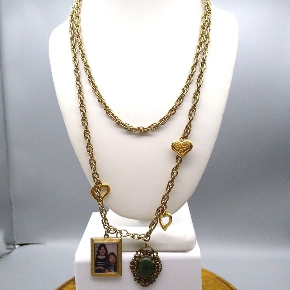 Vintage Rope Chain Charm Necklace, Long Gold Tone with 5 Charms, 3 Hearts - Picture 1 of 3